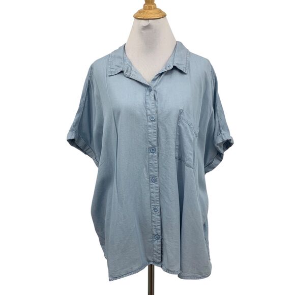 Ecothreads Shirt Womens XXL 2XL Blue Button Up Chest Pocket Lyocell Short Sleeve - Picture 1 of 10